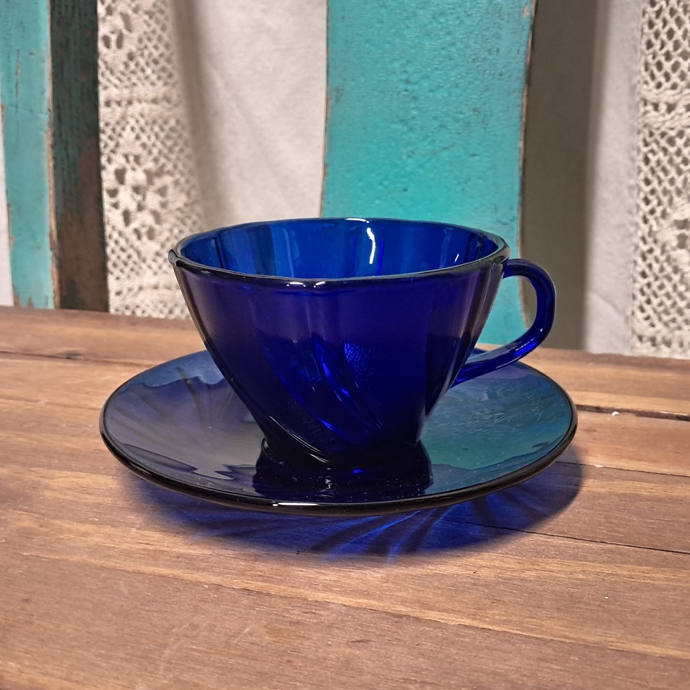 Duralex Cobalt Blue Spiral Glass Teacup And Saucer